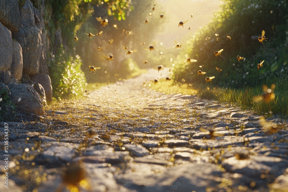 Aufkleber bees swarm on a sunny stone path with greenery on the sides.