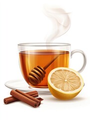 A warm cup of tea with honey, lemon, and cinnamon sticks, evoking comfort and relaxation.