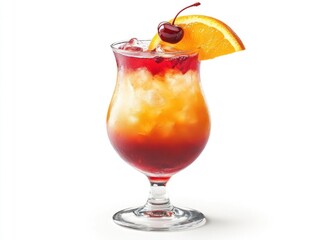 A colorful cocktail in a glass, garnished with a cherry and orange slice, served over ice.