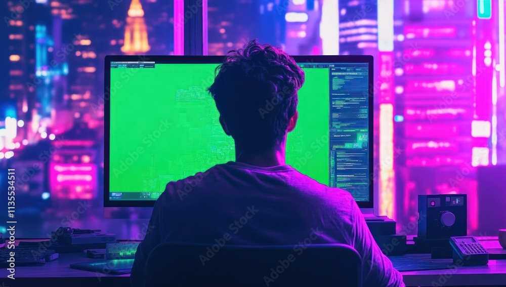 Aufkleber man works on computer at night with green screen, city view background.