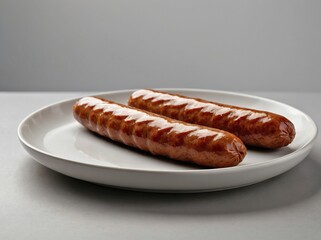 Golden-brown breakfast sausages placed on a smooth white ceramic plate.