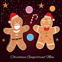 Cute Christmas Gingerbreads in 3D style with candy cane ,Candy and stars isolated on Gradient background. Vector illustration Eps 10 ,all layers are single for any coustomization.