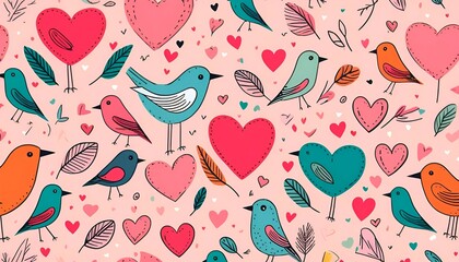 a pink background. It features a variety of colorful birds and hearts in different sizes and colors