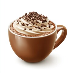 A cup of hot chocolate topped with whipped cream and chocolate shavings.