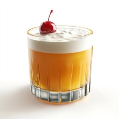A glass of cocktail topped with foam and a cherry, showcasing a refreshing drink.