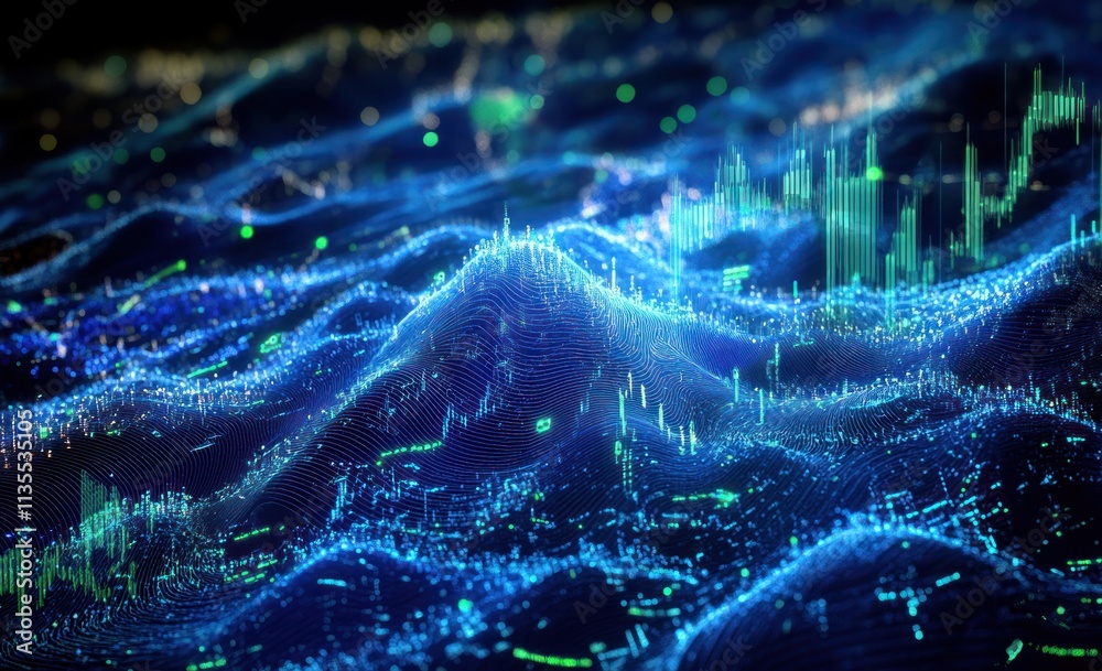 Poster blue data waves with green lines, charts, and dots.