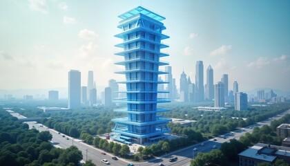 Obraz premium Future tech skyscraper design blueprint superimposed on urban landscape construction site. High rise building design with modern architecture features. Urban planning for future development.