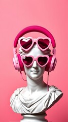 classical marble sculpture wears pink heart-shaped sunglasses and modern headphones, blending antiquity with contemporary pop culture. Perfect for stock uses in art, humor, and creative marketing.