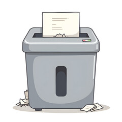 Stylized illustration of a shredding machine with torn papers and document waste around it, digital art of surrealism concept.
