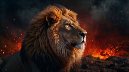 Naklejka premium A digital illustration featuring a majestic lion with a fiery mane, showcasing strength and beauty.