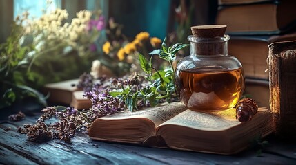 Herbal remedies and ancient books. Concept of natural medicine, knowledge, and history.