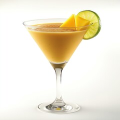 A vibrant mango cocktail garnished with lime and pineapple, served in a classic martini glass.