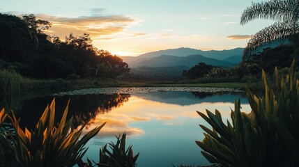 Serene sunset reflecting on a tranquil pond, nestled amidst lush greenery and majestic mountains.