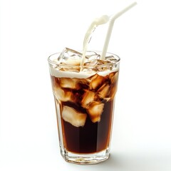 A glass filled with ice and a dark beverage, topped with cream and served with a straw.