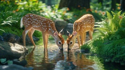 A pair of white-tailed deer cautiously drinking from a crystal-clear forest stream