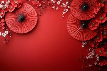 Elegant festive background featuring red parasols and vibrant flowers, ideal for Chinese New Year celebrations, invitations, or decorative designs.