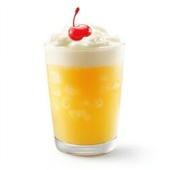 A refreshing yellow drink topped with whipped cream and a cherry.