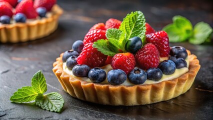 Close-up shot of a sweet dessert topped with fresh berries and mint leaves, dessert, sweet, berries, mint leaves, food