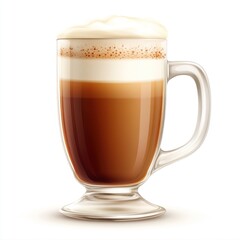 A glass mug filled with layered coffee topped with frothy cream.
