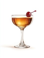 A classic cocktail served in a coupe glass, garnished with a cherry.