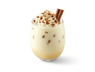 A creamy beverage topped with whipped cream and cinnamon sticks, served in a glass.