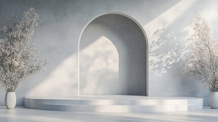 Serene Minimalist White Interior with Arch and Podium
