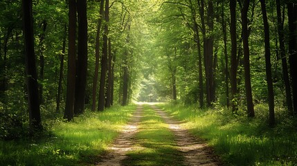 Obraz premium Sunlight Path Through Forest. Concept of Nature, Tranquility, and Serenity.