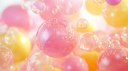 Colorful bubbles floating in a bright background create a playful atmosphere