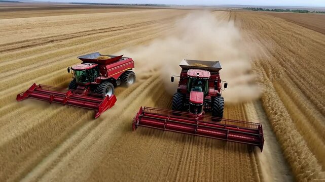 Harvesting wheat in a sprawling field with two red tractors working together under a clear blue sky