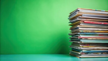Stack of various magazines on vibrant green background, magazines, stack, publications, reading material, green