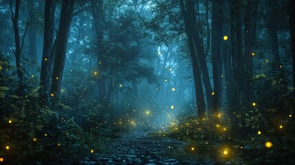 Obraz premium A Mysterious Forest with Fog and Fireflies