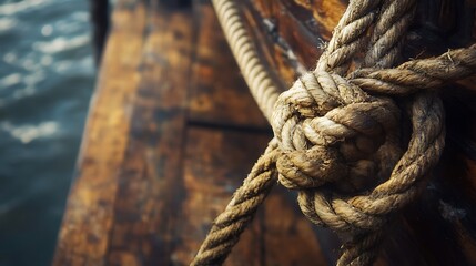Close up of a weathered nautical knot. Concept of seafaring, adventure, and tradition.