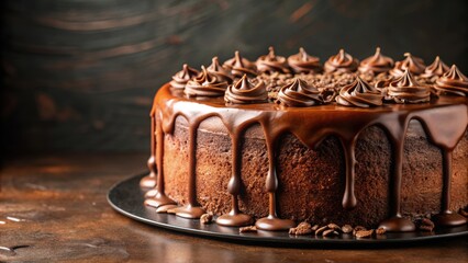 Rich moist chocolate cake with a dripping chocolate glaze and chocolate shavings, close up, chocolate cake, dessert