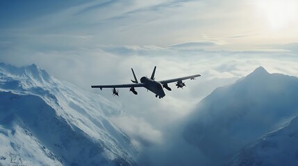Naklejka premium Military Drone Over Snowy Mountains. Concept of Surveillance, Technology, and Warfare.