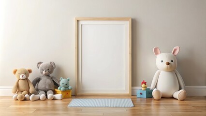 Cozy minimalist playroom corner with soft toys and empty picture frame, playroom, corner, cozy, minimalist, soft toys