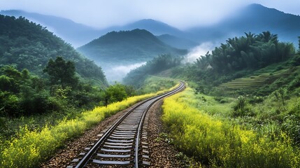 Fototapeta premium Scenic Railroad Trail Through Lush Green Mountains and Vibrant Wildflowers on a Misty Day : Generative AI