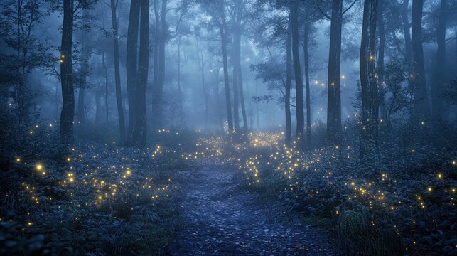 A Mysterious Forest with Fog and Fireflies