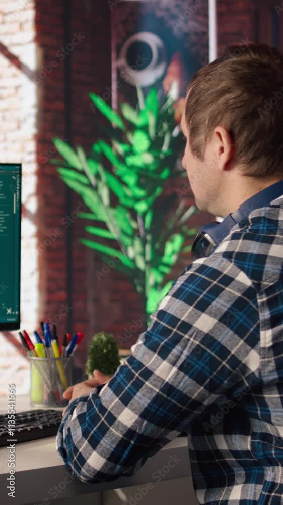 Poster man watching video guide on mockup device about generative artificial intelligence generating videos