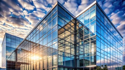 Fototapeta premium Modern building with glass facade reflecting the sky, modern, building, glass, facade, sky, reflection
