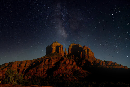 The Milky Way over Cathedral Rock at Red Rock Crossing near Sedona, Arizona.