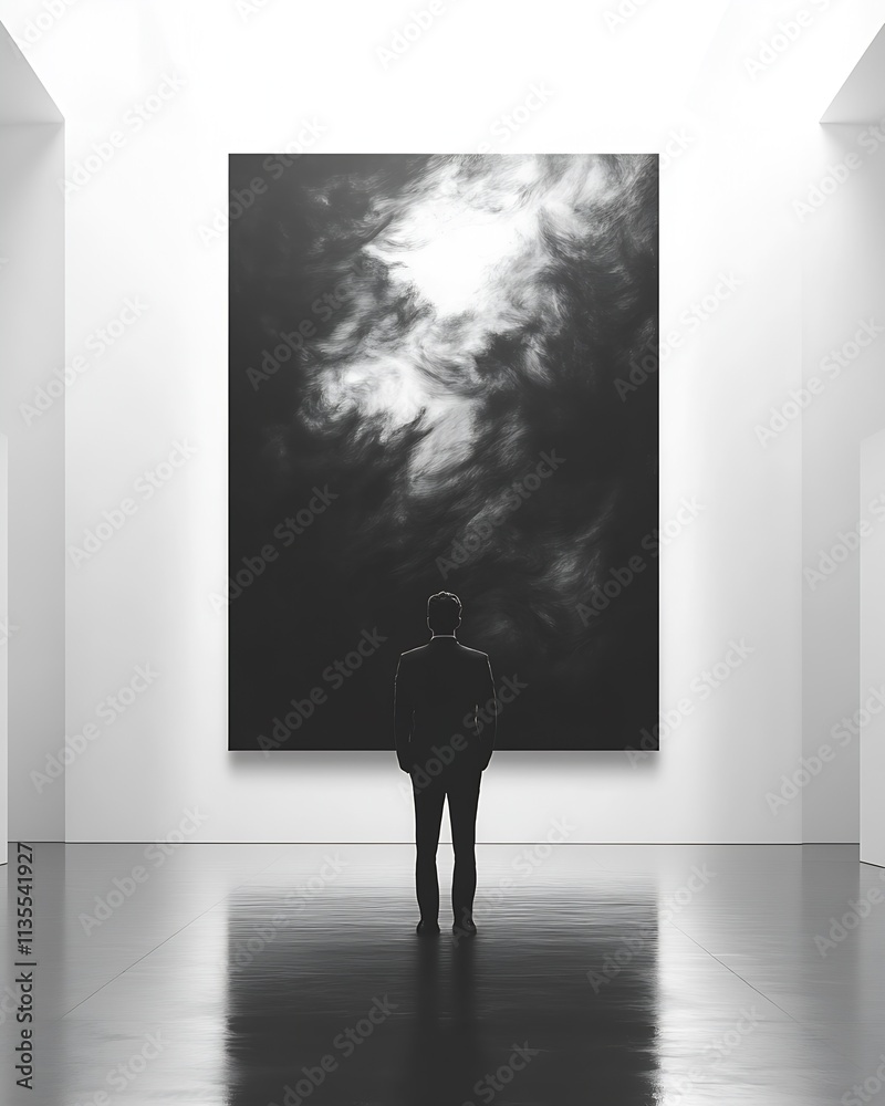Poster Contemporary Art Enthusiast Observing Abstract Cloudy Swirl in Modern Gallery Setting : Generative AI