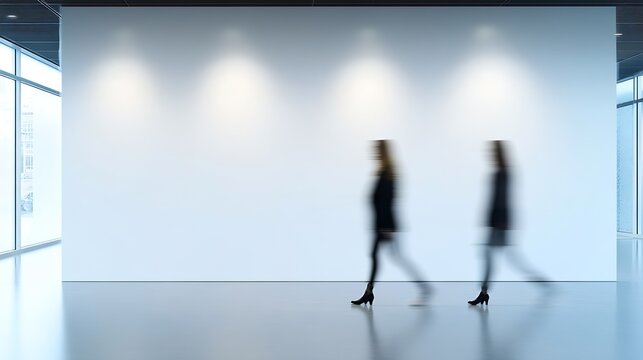 Minimalistic design with blurred figures walking against a bright white wall : Generative AI