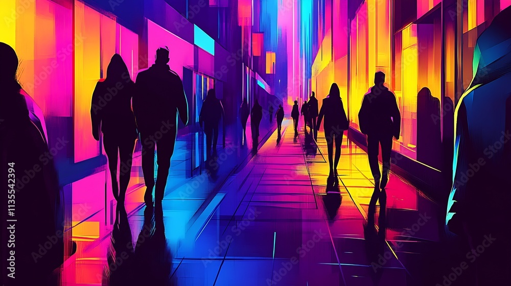 Poster vibrant abstract silhouettes in a modern metropolis illuminated by neon lights : generative ai