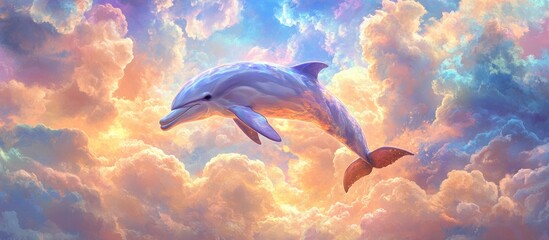 Dolphin soaring through a vibrant, colorful sky filled with fluffy clouds at sunset.