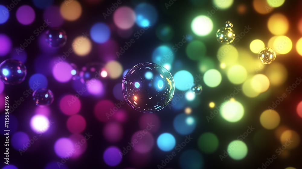 Leinwandbilder vibrant bokeh and reflective bubbles on a dark background for digital art : generative ai