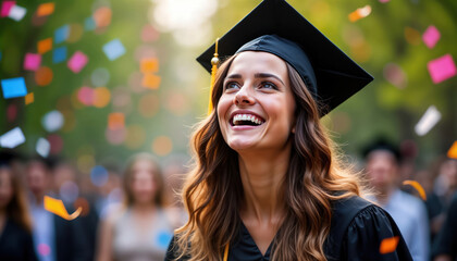 Young woman smiles cheerfully during graduation ceremony. Confetti flies around. Wearing graduation gown, cap. Many people in background. Setting looks like university campus. Exciting moment of