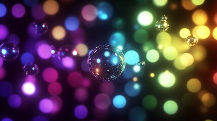 Vibrant Bokeh and Reflective Bubbles on a Dark Background for Digital Art : Generative AI