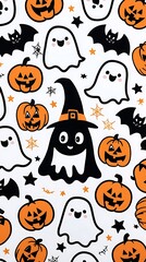 Decorative Halloween black kitten cat with bat and pumpkins Jack-o-Lantern style illustration, PNG clipart die cut isolated transparent