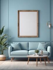 home retro interior background with sofa, table and decor in living room, Powder Blue wall