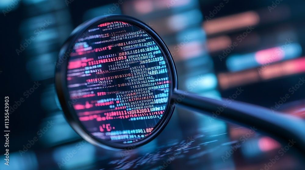Fototapete Digital Binary Code with Magnifying Glass Symbolizing Cyber Inspection and Security : Generative AI